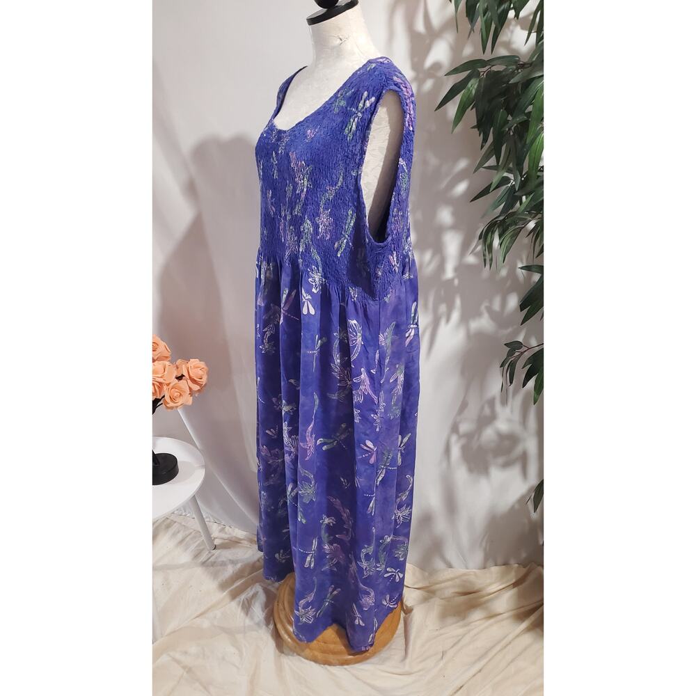 Vintage Lost River Batik Dragonfly Smocked Maxi Dress Size 3X Purple Pockets - Picture 4 of 12